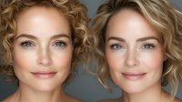 Two blonde women with curly hair and natural makeup showcasing skincare and beauty concepts for cosmetic advertising and wellness campaigns.