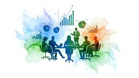 Business meeting silhouettes with financial charts and graphs on colorful watercolor background for corporate presentations and marketing materials.