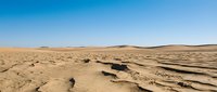 Vast desert landscape with rippled sand dunes and clear blue sky, suitable for travel, nature, and environmental design projects.