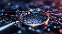 Magnifying glass revealing intricate digital network connections with glowing blue nodes and golden rim against dark background for technology research.