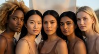 Five diverse women with different ethnicities and skin tones posing together in neutral tones, representing beauty diversity and multicultural friendship in studio.