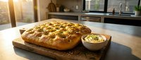 Freshly baked focaccia bread with olive oil and herbs on wooden board in modern kitchen, ready for serving or cooking use.