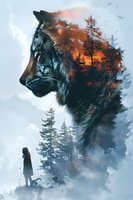 Mystical double exposure artwork combining wolf profile with burning forest landscape and silhouette figure. Perfect for book covers, fantasy illustrations and spiritual wall art designs.