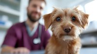 Male veterinarian in purple scrubs examining small terrier mix dog with brown fur during checkup, focus on pet's adorable face with caring doctor blurred in background.