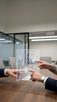 Business professionals collaborating with futuristic holographic interface displaying workflow diagrams and process charts in modern office meeting room.