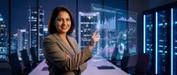 Professional businesswoman analyzing financial data on holographic display in modern office with city skyline view at night for corporate presentations.
