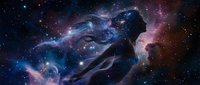 Cosmic silhouette of woman floating in deep space nebula with stars and colorful gas clouds creating mystical universe scene for meditation and spirituality.