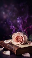 Pink rose resting on antique book with purple smoke wisps and bokeh lights, suitable for fantasy, romance, and mystical design projects.