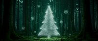 Digital Christmas tree glowing with binary code in mystical forest setting with snowflakes and matrix-style data streams for holiday tech designs.