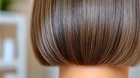 Close-up view of straight brown bob haircut showing precise blunt cut ends and smooth texture, highlighting modern hairstyling technique and professional salon result.