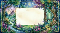 Enchanted fairy tale forest frame with magical castle, moon and flowers creating whimsical border for text or design projects.