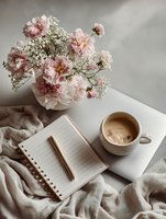 Soft pink peonies and baby's breath bouquet with coffee cup and open notebook on linen fabric, creating serene morning workspace atmosphere.