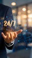 Businessman hand presenting glowing 24/7 customer service concept with digital icons and data analytics in modern office environment for business solutions.