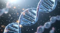 Glowing DNA helix structure with blue and pink colors on dark background with bokeh particles and light effects, scientific molecular concept.