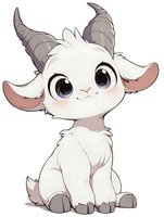 Cute baby goat with big expressive eyes and horns in kawaii anime style, white fluffy fur and gray accents. Isolated character for children book illustrations.