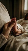 Tender moment of parent holding newborn baby feet in cozy bedroom setting with soft natural lighting and warm blankets for family bonding concepts.