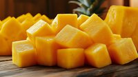 Fresh ripe mango cut into juicy golden cubes on wooden cutting board, close-up view showing tropical fruit texture and vibrant color for food design.