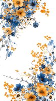 Elegant floral corner arrangement featuring blue and orange watercolor flowers on white background, perfect for wedding invitations, greeting cards and digital designs.