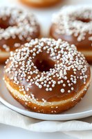 Fresh baked donut with chocolate glaze and white sugar pearls sprinkles on white plate, close up macro food photography with selective focus.