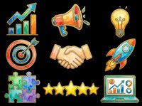 Startup business icons set with growth chart, megaphone, lightbulb, target, handshake, rocket, puzzle pieces, stars, and laptop isolated on transparent background. Ready for t-shirt design, clipart, stickers, and print-on-demand projects.