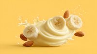 Creamy milk splash with fresh banana slices and almonds on yellow background for healthy breakfast smoothie advertising and food packaging design.