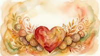 Watercolor heart with golden coins and decorative swirls on textured background. Romantic wealth concept for Valentine's Day, wedding invitations, greeting cards.