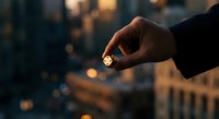 Businessman hand holding golden coin against blurred city skyline at sunset. Investment, wealth management and financial success concept for business.