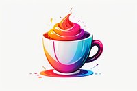 Vibrant coffee cup with colorful gradient swirls and whipped cream topping on white background, featuring dynamic rainbow colors and artistic splash elements.