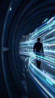 Businessman walking through futuristic digital tunnel with glowing data streams and technology interface elements for business innovation concepts.