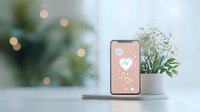 Smartphone displaying heart health app on pink screen with baby's breath flowers in white pot against soft bokeh background. Modern wellness concept.