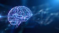 Glowing digital brain with neural network connections on dark blue tech background, representing artificial intelligence and machine learning concepts.
