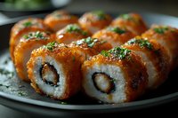 Fresh sushi rolls with crispy tempura shrimp and spicy sauce garnished with green onions on black plate, close up view of Japanese cuisine.