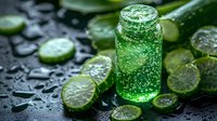 Fresh lime slices with sparkling green drink in glass bottle on wet black surface with water drops, refreshing summer beverage composition.