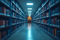 Long corridor in library with rows of bookshelves stretching into distance, illuminated by fluorescent ceiling lights creating moody blue atmosphere and symmetrical perspective.