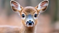 Close up portrait of baby deer fawn with big blue eyes and wet black nose against blurred natural background, showing innocent expression and soft brown fur.