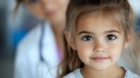 Young girl with bright blue eyes and gentle smile looking directly at camera, soft natural lighting creates warm atmosphere. Close up portrait shows innocence and joy.