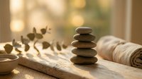 Zen spa stones balanced on wooden surface with eucalyptus leaves and towels in warm natural lighting for wellness and relaxation therapy.
