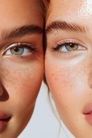 Close up of two diverse young women with natural freckles and green eyes facing each other, showcasing natural beauty and skin texture in soft lighting.