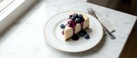 Slice of creamy cheesecake topped with fresh blueberries and berry sauce on elegant white plate with gold rim, perfect for dessert menus and food blogs.