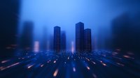 Futuristic cityscape with glowing light trails leading to towering skyscrapers against dark blue atmospheric background, creating dramatic urban perspective.