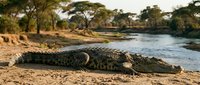 Large crocodile resting on sandy riverbank in African savanna landscape with acacia trees and flowing water during golden hour sunset lighting.