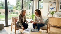 Two women sitting face-to-face on wooden chairs in a bright, modern living room with large windows, discussing documents and laptop. Business meeting, collaboration, teamwork concept for corporate, startup, and professional environments.