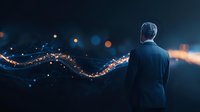 Businessman in dark suit observing glowing digital wave visualization against black background with bokeh lights, representing data flow and technology innovation.
