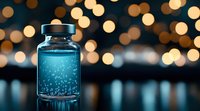 Glass bottle with sparkling blue liquid against blurred golden bokeh lights background creates magical atmosphere for wellness and luxury product photography.