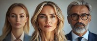 Professional business team portrait with confident middle-aged blonde woman in center flanked by colleagues against neutral background, modern corporate headshot style.