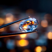 Brilliant cut diamond held by tweezers against blurred bokeh background with warm golden lights, showcasing luxury gemstone's fire and sparkle in macro photography.