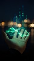 Hand holding glowing digital brain with binary code stream and bokeh lights representing artificial intelligence and machine learning technology.