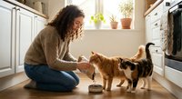 Young woman with curly hair feeding two cats from bowl in bright modern kitchen. Pet care, domestic life, animal nutrition concept.