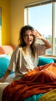 Woman with dark wavy hair and South Asian ethnicity sitting on colorful bedding in bright bedroom, touching forehead with stressed expression, wearing casual beige shirt near window.