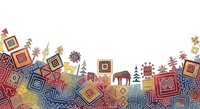 Colorful geometric folk art pattern with traditional ornamental elements, decorative houses, animals and stars arranged in a festive border design for holiday crafts and seasonal projects.